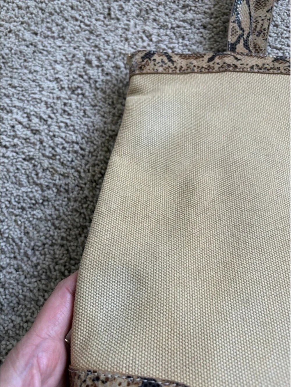 Tory Burch Beige Canvas Tote Snake Skin Details Shoulder Bag Purse Large Logo